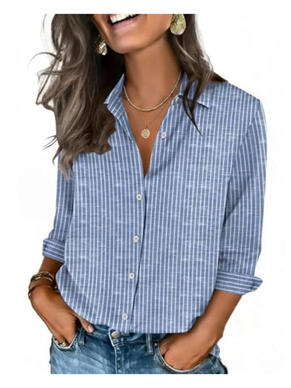 Women's 3/4 Sleeve Button Down Blouse V Neck Collared Business Casual Top